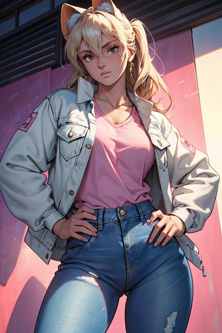 masterpiece, ultra quality, Beautiful detailed, extremely detailed,16K, exquisite, highres, Beautiful background, Beautiful eye, Beautiful skin, Bold line, anime style, chest focus, (Kaori stands with her hands on her hips, wearing a pink shirt over a white denim jacket and blue denim jeans.), Kaori, 1 girl, alone, 27 years old, gesturing with sexy genitals pose, cheeky pose, Tomboy, woman&#39;s whole body, perfect figure, anger, blush, erotic, fascinating, Charm, beautiful woman face, deep red eyes, well-shaped eyelashes, Perfect eyes, beautiful woman, slender body, beautiful big breasts, cleavage, perfectly chiseled abs, beautiful long legs), white denim jacket, pink t-shirt, Blue denim jeans, (perfect arms, perfect hands, perfect fingers, perfect anatomy), humid, humid, (looking at the viewer), indoor, perfect quality, good quality, masterpiece, HDR, UHD,