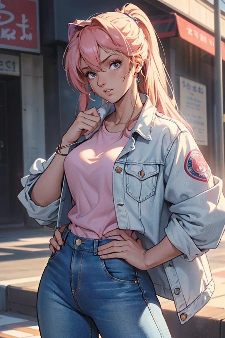 masterpiece, ultra quality, Beautiful detailed, extremely detailed,16K, exquisite, highres, Beautiful background, Beautiful eye, Beautiful skin, Bold line, anime style, chest focus, (Kaori stands with her hands on her hips, wearing a pink shirt over a white denim jacket and blue denim jeans.), Kaori, 1 girl, alone, 27 years old, gesturing with sexy genitals pose, cheeky pose, Tomboy, woman&#39;s whole body, perfect figure, anger, blush, erotic, fascinating, Charm, beautiful woman face, deep red eyes, well-shaped eyelashes, Perfect eyes, beautiful woman, slender body, beautiful big breasts, cleavage, perfectly chiseled abs, beautiful long legs), white denim jacket, pink t-shirt, Blue denim jeans, (perfect arms, perfect hands, perfect fingers, perfect anatomy), humid, humid, (looking at the viewer), indoor, perfect quality, good quality, masterpiece, HDR, UHD,