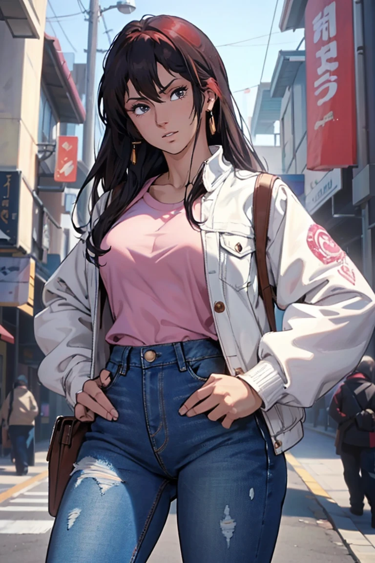 masterpiece, ultra quality, Beautiful detailed, extremely detailed,16K, exquisite, highres, Beautiful background, Beautiful eye, Beautiful skin, Bold line, anime style, chest focus, (Kaori stands with her hands on her hips, wearing a pink shirt over a white denim jacket and blue denim jeans.), Kaori, 1 girl, alone, 27 years old, gesturing with sexy genitals pose, cheeky pose, Tomboy, woman&#39;s whole body, perfect figure, anger, blush, erotic, fascinating, Charm, beautiful woman face, deep red eyes, well-shaped eyelashes, Perfect eyes, beautiful woman, slender body, beautiful big breasts, cleavage, perfectly chiseled abs, beautiful long legs), white denim jacket, pink t-shirt, Blue denim jeans, (perfect arms, perfect hands, perfect fingers, perfect anatomy), humid, humid, (looking at the viewer), indoor, perfect quality, good quality, masterpiece, HDR, UHD,