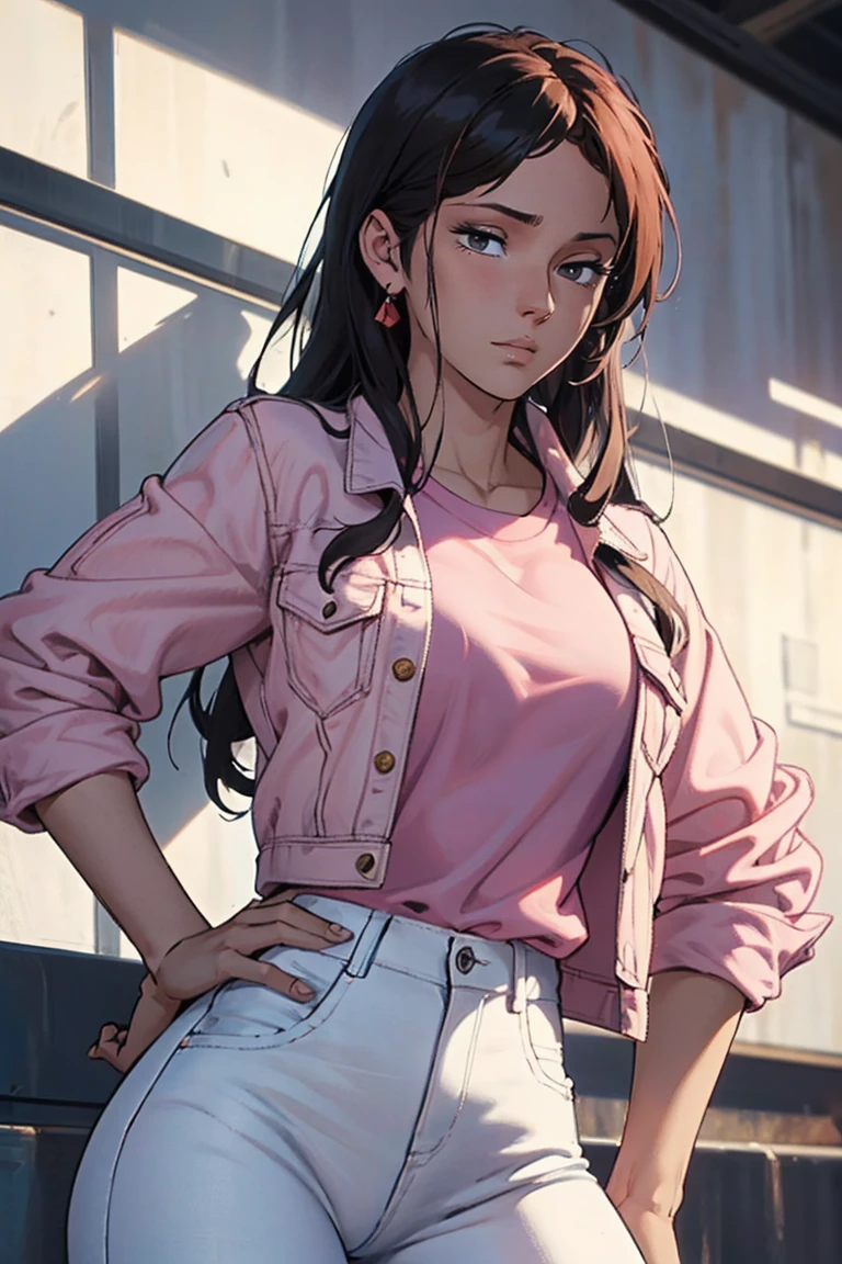 masterpiece, ultra quality, Beautiful detailed, extremely detailed,16K, exquisite, highres, Beautiful background, Beautiful eye, Beautiful skin, Bold line, anime style, chest focus, (Kaori stands with her hands on her hips, wearing a pink shirt over a white denim jacket and blue denim jeans.), Kaori, 1 girl, alone, 27 years old, gesturing with sexy genitals pose, cheeky pose, Tomboy, woman&#39;s whole body, perfect figure, anger, blush, erotic, fascinating, Charm, beautiful woman face, deep red eyes, well-shaped eyelashes, Perfect eyes, beautiful woman, slender body, beautiful big breasts, cleavage, perfectly chiseled abs, beautiful long legs), white denim jacket, pink t-shirt, Blue denim jeans, (perfect arms, perfect hands, perfect fingers, perfect anatomy), humid, humid, (looking at the viewer), indoor, perfect quality, good quality, masterpiece, HDR, UHD,