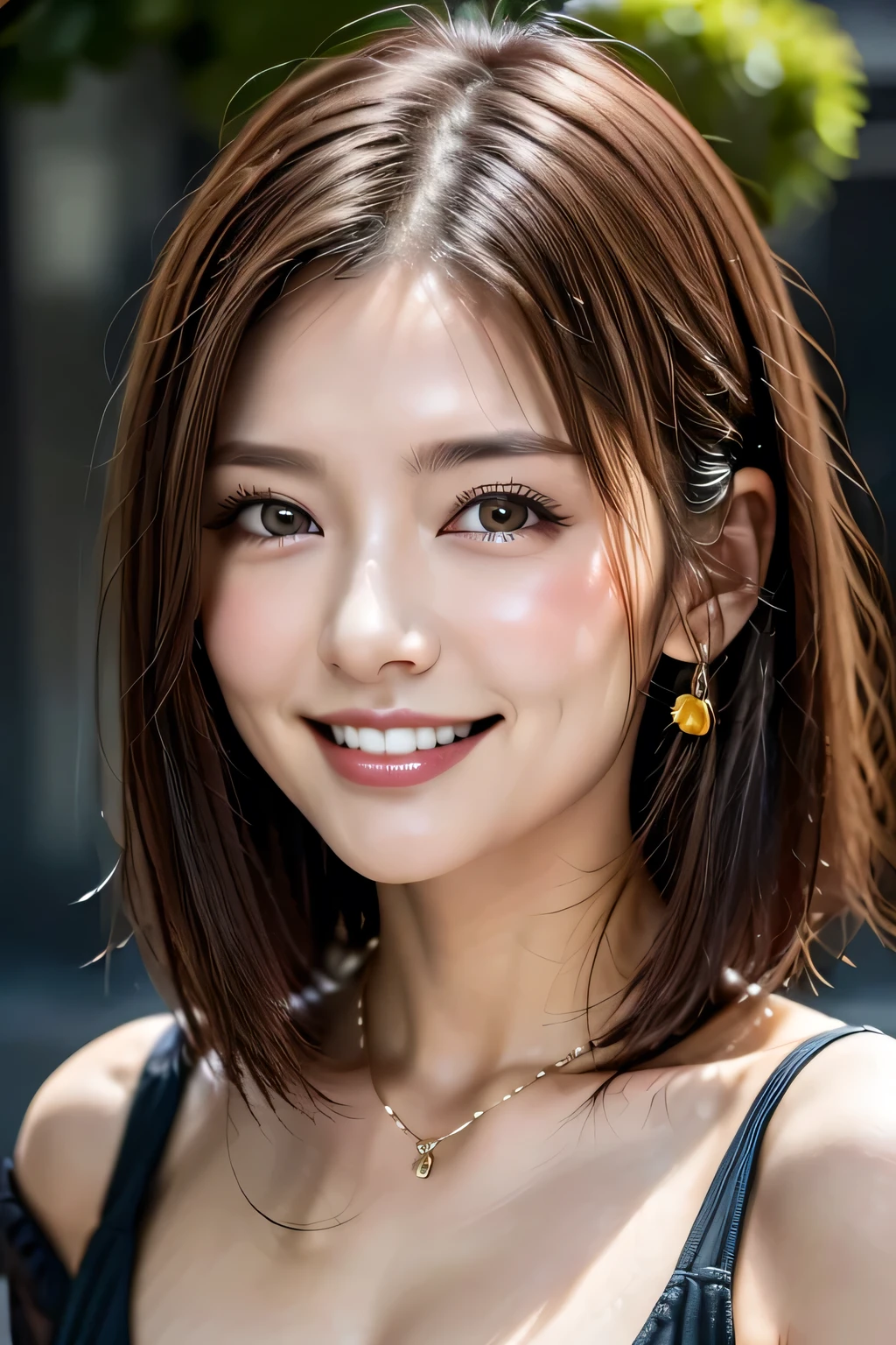 (8k, RAW Photos, highest quality, masterpiece, Realistic, Realistic), (1 female), (The ultimate beautiful middle-aged woman), Highly detailed face, (Perfect Teeth), Beautiful Eyes, double eyelid, eyelash, smile, Lip details, (Neat brunette bob), The light shines on your face, Big Breasts, ((Colorful mini dresses)), (front view), (background: none),  Background blur