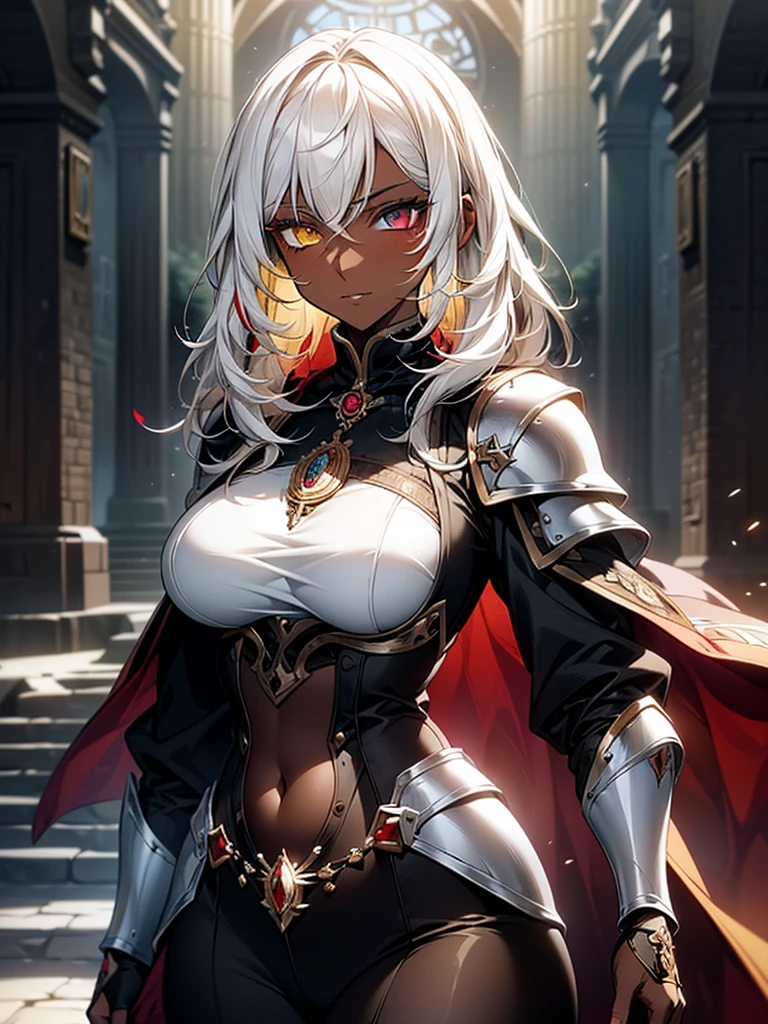 (masterpiece, best quality), (Official art, masterpiece, 8k, HD, ultra-detailed), ultra-detailed, portrait of a beautiful 32 year old woman, ((dark skin)), white hair, red and yellow eyes, wearing light black jumpsuit, with light armor, wearing a magic watch amulet around her neck, large, ultra-detailed breasts, (ultra-detailed face), (1 dark-skinned woman), long, white hair, ((((Heterochromia in eyes , ultra-detailed red eyes and detailed yellow eyes)))), (very detailed eyes: 1,2), (((ultra-detailed red and yellow eyes))), heterochromia with very well-detailed red and yellow eyes, witch items, ( (wearing magic watch amulet)), belts, ((black jumpsuit with light armor)), ultra detailed character, photo of the character up to the belly, wallpaper, pinterest, Fantasy Art, (Fantasy art), fantasy scene, exterior, ((medieval village)), wallpaper, pinterest, front photo, exterior, cinematic photo, natural light, portrait photo, wallpaper wall, pinterest, badass image, perfect photo, volumetric lighting