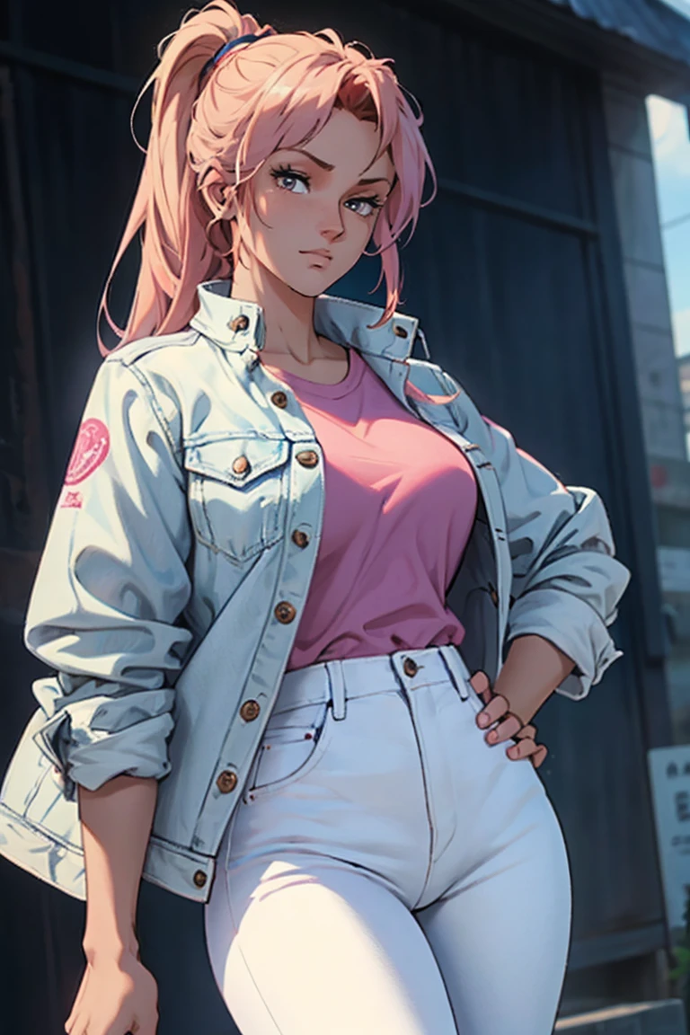 masterpiece, ultra quality, Beautiful detailed, extremely detailed,16K, exquisite, highres, Beautiful background, Beautiful eye, Beautiful skin, Bold line, anime style, chest focus, (Kaori stands with her hands on her hips, wearing a pink shirt over a white denim jacket and blue denim jeans.), Kaori, 1 girl, alone, 27 years old, gesturing with sexy genitals pose, cheeky pose, Tomboy, woman&#39;s whole body, perfect figure, anger, blush, erotic, fascinating, Charm, beautiful woman face, deep red eyes, well-shaped eyelashes, Perfect eyes, beautiful woman, slender body, beautiful big breasts, cleavage, perfectly chiseled abs, beautiful long legs), white denim jacket, pink t-shirt, Blue denim jeans, (perfect arms, perfect hands, perfect fingers, perfect anatomy), humid, humid, (looking at the viewer), indoor, perfect quality, good quality, masterpiece, HDR, UHD,