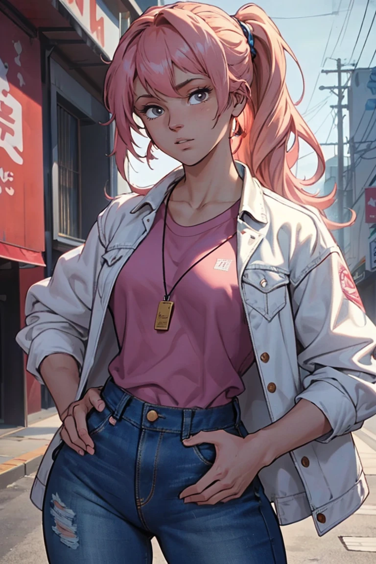 masterpiece, ultra quality, Beautiful detailed, extremely detailed,16K, exquisite, highres, Beautiful background, Beautiful eye, Beautiful skin, Bold line, anime style, chest focus, (Kaori stands with her hands on her hips, wearing a pink shirt over a white denim jacket and blue denim jeans.), Kaori, 1 girl, alone, 27 years old, gesturing with sexy genitals pose, cheeky pose, Tomboy, woman&#39;s whole body, perfect figure, anger, blush, erotic, fascinating, Charm, beautiful woman face, deep red eyes, well-shaped eyelashes, Perfect eyes, beautiful woman, slender body, beautiful big breasts, cleavage, perfectly chiseled abs, beautiful long legs), white denim jacket, pink t-shirt, Blue denim jeans, (perfect arms, perfect hands, perfect fingers, perfect anatomy), humid, humid, (looking at the viewer), indoor, perfect quality, good quality, masterpiece, HDR, UHD,