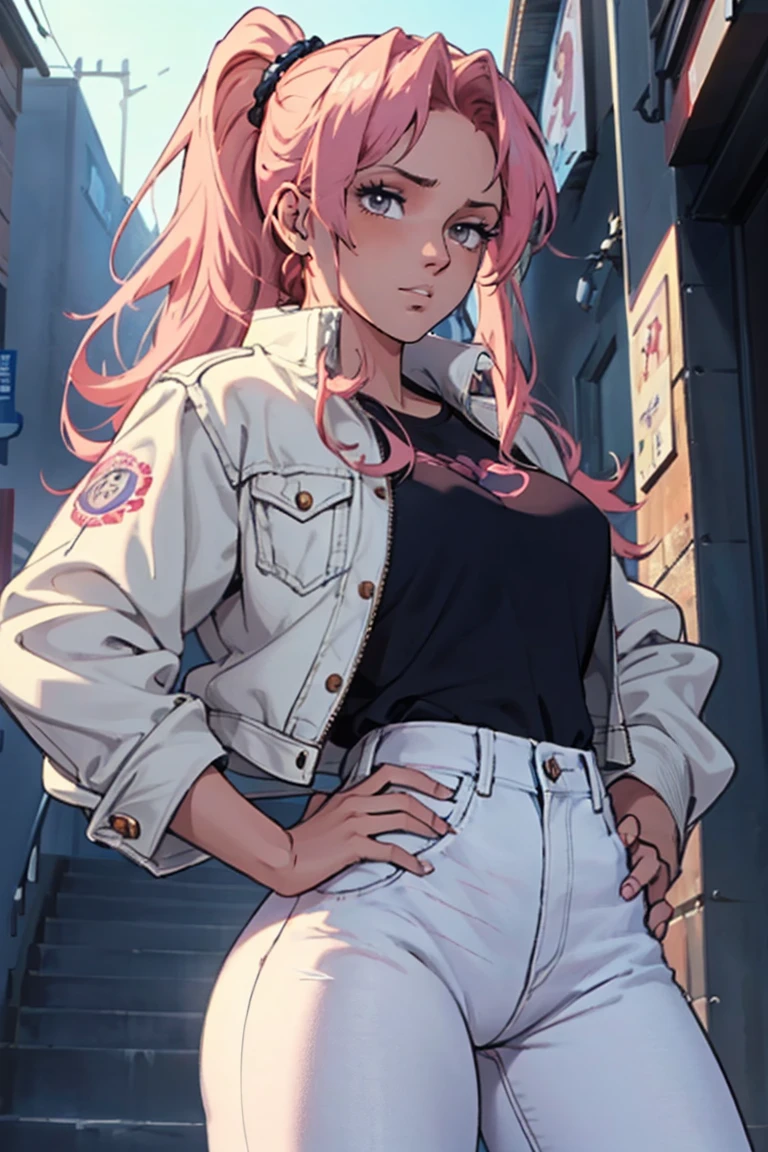 masterpiece, ultra quality, Beautiful detailed, extremely detailed,16K, exquisite, highres, Beautiful background, Beautiful eye, Beautiful skin, Bold line, anime style, chest focus, (Kaori stands with her hands on her hips, wearing a pink shirt over a white denim jacket and blue denim jeans.), Kaori, 1 girl, alone, 27 years old, gesturing with sexy genitals pose, cheeky pose, Tomboy, woman&#39;s whole body, perfect figure, anger, blush, erotic, fascinating, Charm, beautiful woman face, deep red eyes, well-shaped eyelashes, Perfect eyes, beautiful woman, slender body, beautiful big breasts, cleavage, perfectly chiseled abs, beautiful long legs), white denim jacket, pink t-shirt, Blue denim jeans, (perfect arms, perfect hands, perfect fingers, perfect anatomy), humid, humid, (looking at the viewer), indoor, perfect quality, good quality, masterpiece, HDR, UHD,