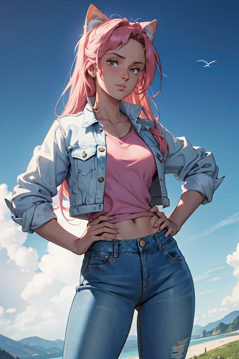 masterpiece, ultra quality, Beautiful detailed, extremely detailed,16K, exquisite, highres, Beautiful background, Beautiful eye, Beautiful skin, Bold line, anime style, chest focus, (Kaori stands with her hands on her hips, wearing a pink shirt over a white denim jacket and blue denim jeans.), Kaori, 1 girl, alone, 27 years old, gesturing with sexy genitals pose, cheeky pose, Tomboy, woman&#39;s whole body, perfect figure, anger, blush, erotic, fascinating, Charm, beautiful woman face, deep red eyes, well-shaped eyelashes, Perfect eyes, beautiful woman, slender body, beautiful big breasts, cleavage, perfectly chiseled abs, beautiful long legs), white denim jacket, pink t-shirt, Blue denim jeans, (perfect arms, perfect hands, perfect fingers, perfect anatomy), humid, humid, (looking at the viewer), indoor, perfect quality, good quality, masterpiece, HDR, UHD,