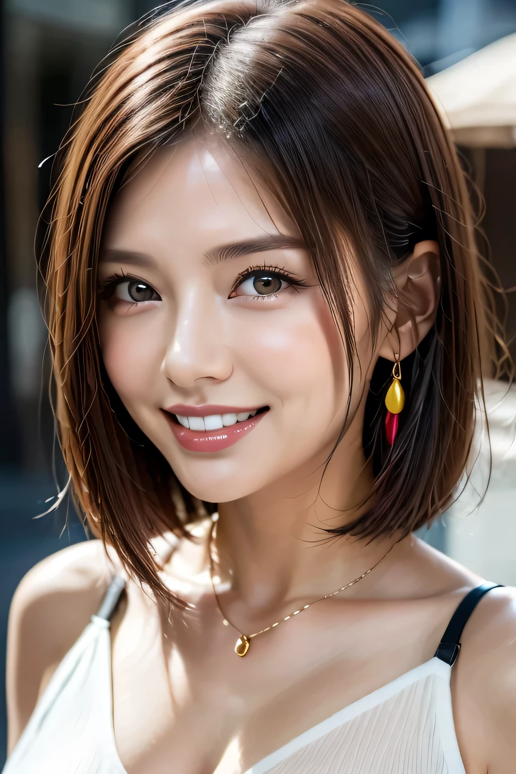 (8k, RAW Photos, highest quality, masterpiece, Realistic, Realistic), (1 female), (The ultimate beautiful middle-aged woman), Highly detailed face, (Perfect Teeth), Beautiful Eyes, double eyelid, eyelash, smile, Lip details, (Neat brunette bob), The light shines on your face, Big Breasts, ((Colorful mini dresses)), (front view), (background: none),  Background blur