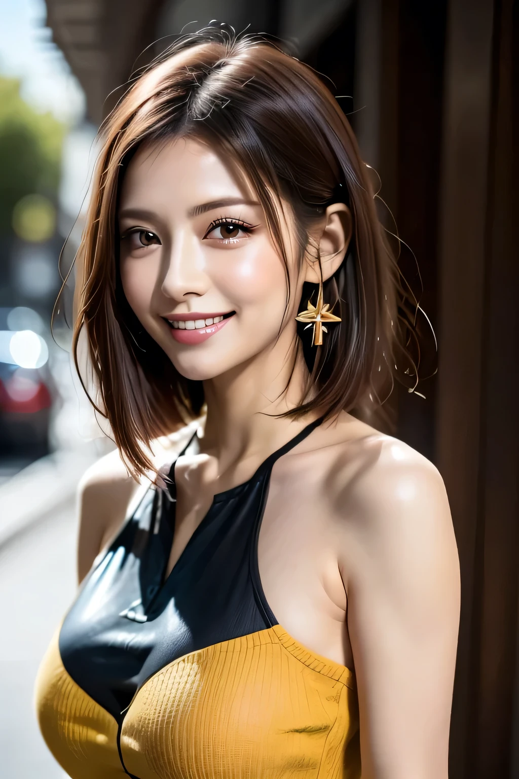 (8k, RAW Photos, highest quality, masterpiece, Realistic, Realistic), (1 female), (The ultimate beautiful middle-aged woman), Highly detailed face, (Perfect Teeth), Beautiful Eyes, double eyelid, eyelash, smile, Lip details, (Neat brunette bob), The light shines on your face, Big Breasts, ((Colorful mini dresses)), (front view), (background: none),  Background blur