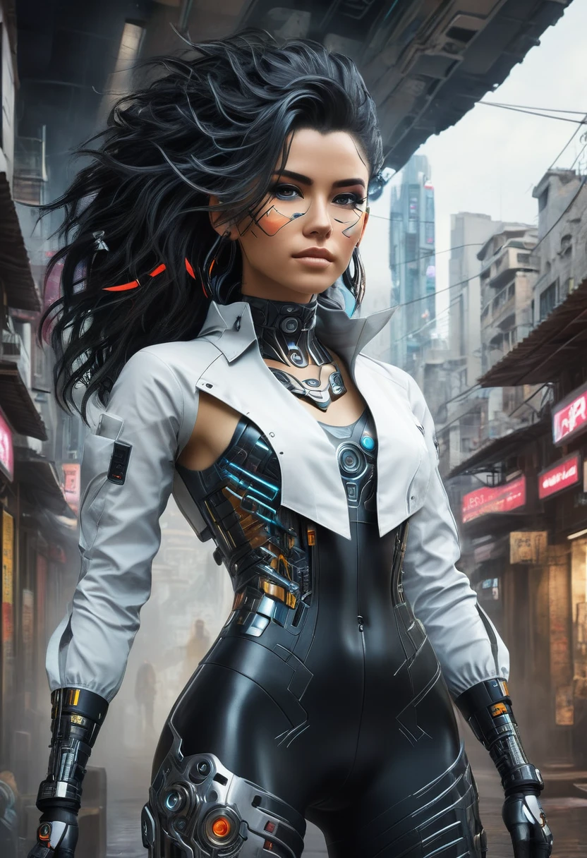 1 fille, plan rapproché, (cheveux blancs, Cheveux moyens, les yeux rouges), anatomie parfaite, ville, style cyberpunk, ((chemise blanche, Veste noire, pantalon noir, pardessus futuriste, ceinture, gants noirs, montre-bracelet, jouets, voir à travers des leggings noirs)), ((tenant un pistolet)), guerre, ruinas ville, , bâtiments, Pour capturer cette scène extraordinaire, une caméra haute résolution est requise, comme le Phase One XF IQ4 150MP. capter la lumière dans des conditions difficiles. Éclairage naturel diffus, minimiser les ombres dures. Les paramètres de l&#39;appareil photo incluent une ouverture moyenne, vitesse d&#39;obturation ajustée, et un objectif grand angle de haute qualité avec une distance focale d&#39;environ 35 mm pour capturer toute la scène. de manière immersive. POINTU, des détails précis sont capturés, des cheveux ondulés aux modèles de vêtements complexes, assurer une image naturelle et époustouflante. "
