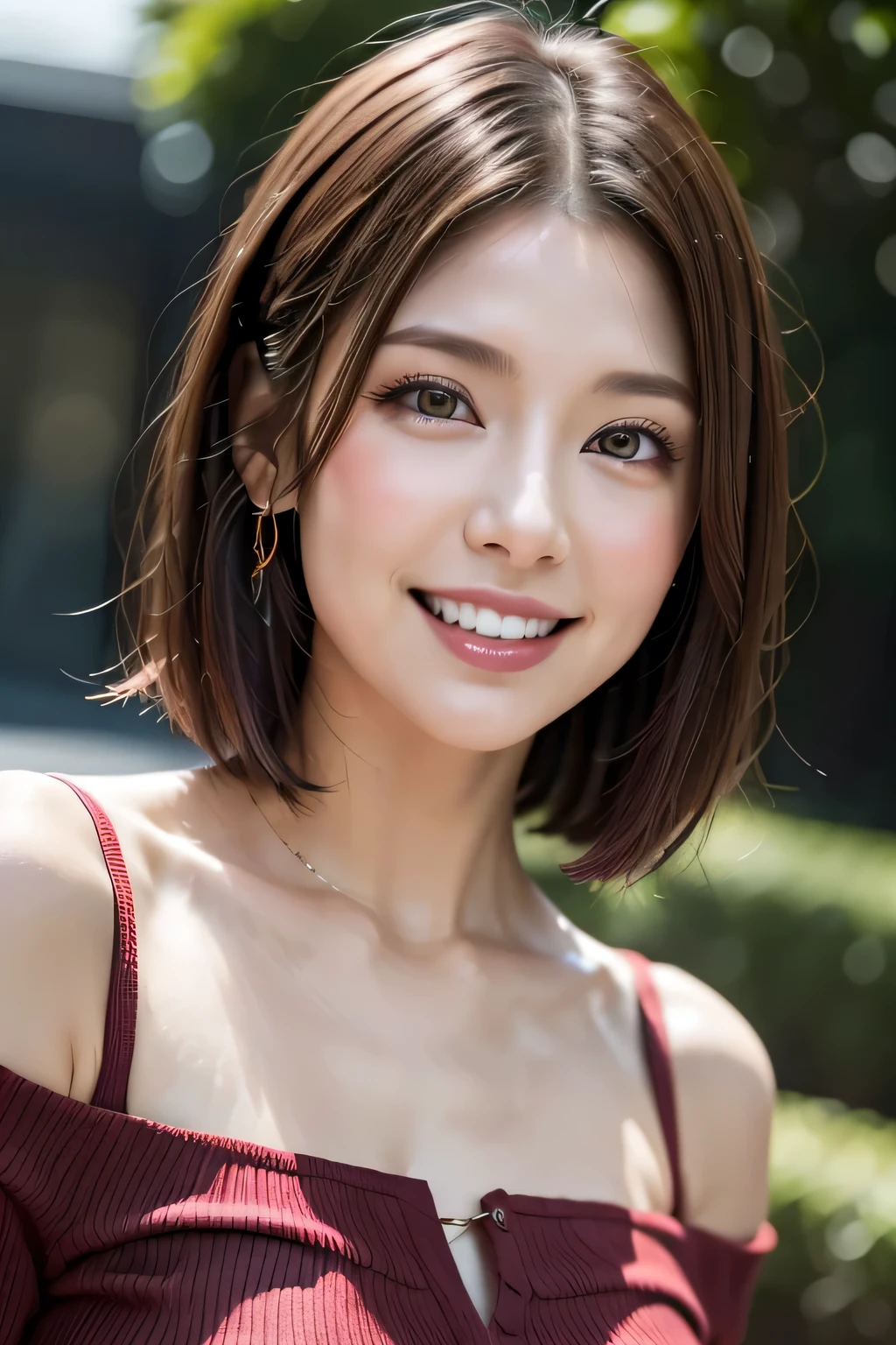 (8k, RAW Photos, highest quality, masterpiece, Realistic, Realistic), (1 female), (The ultimate beautiful middle-aged woman), Highly detailed face, (Perfect Teeth), Beautiful Eyes, double eyelid, eyelash, smile, Lip details, (Neat brunette bob), The light shines on your face, Big Breasts, ((Colorful mini dresses)), (front view), (background: none),  Background blur