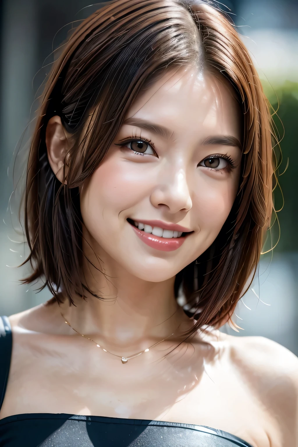 (8k, RAW Photos, highest quality, masterpiece, Realistic, Realistic), (1 female), (The ultimate beautiful middle-aged woman), Highly detailed face, (Perfect Teeth), Beautiful Eyes, double eyelid, eyelash, smile, Lip details, (Neat brunette bob), The light shines on your face, Big Breasts, ((Colorful mini dresses)), (front view), (background: none),  Background blur