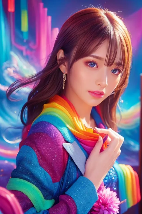 best quality, 8k, highly detailed face and skin texture, high resolution, sexy girl in colorful suit, fantastic style background...