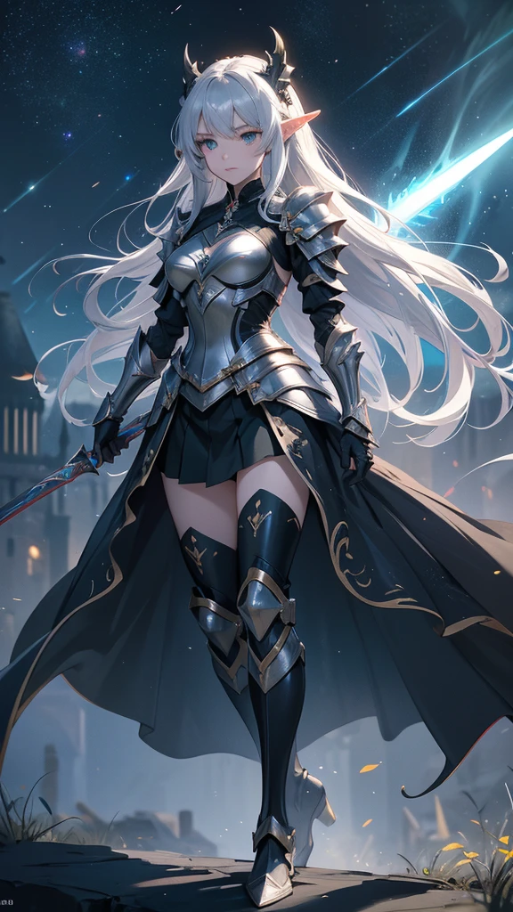 masterpience, best quality, high quality, 8k, anime girl, full body, imponent position, black dragon armor, very detailed armor, no helmet, silver long hair, green eyes, elf ears, flaming sword, castle background, glowing aura, night sky, stars, realistic ilumination, best quality ilumination.