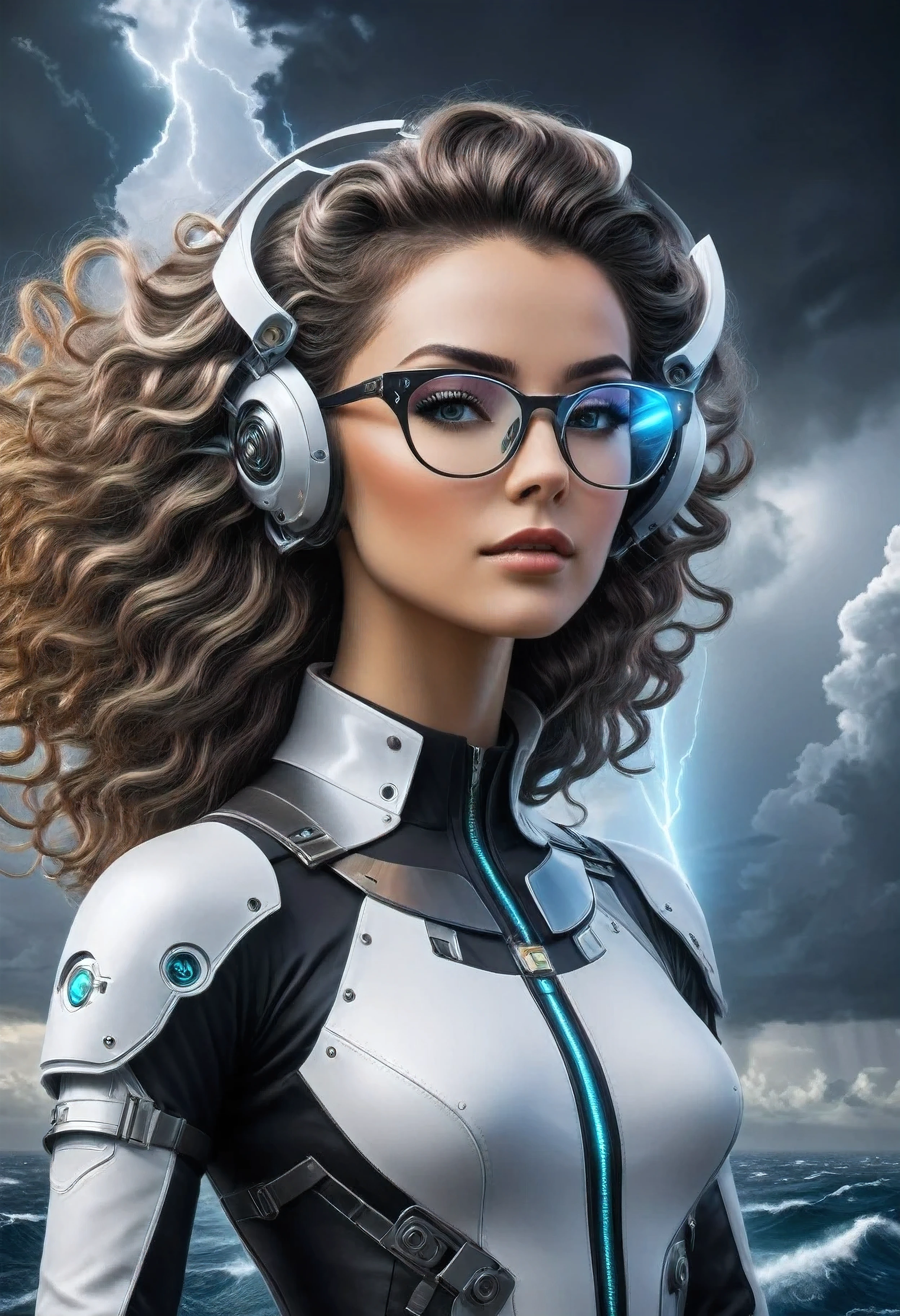 Uma bela mulher com traços refinados e confiantes, usando óculos modernos que realçam sua expressão determinada. Seu cabelo ondulado cai elegantemente sobre os ombros. Ela está vestindo uma roupa futurista, combinando elementos de alta tecnologia com elegância contemporânea. Sua postura é firme e confiante, refletindo uma mistura de sofisticação e destemor. Está posicionado em um ponto central na plataforma de lançamento do navio, localizada em uma grande extensão de costa. Os portões gigantes da plataforma estão abertos, revelando o vasto objeto mecanizado ao fundo. O mar se estende até onde a vista alcança, criando uma sensação de infinito e mistério. No céu, nuvens escuras e imponentes se misturam, criando um ambiente atmosférico tenso e emocionante. Entre essas nuvens, faixas de luz rompem, acrescentando um toque dramático e mágico à cena. no fundo, Um arco-íris aparece, contrastando com a escuridão das nuvens e adicionando um elemento de esperança e beleza.
