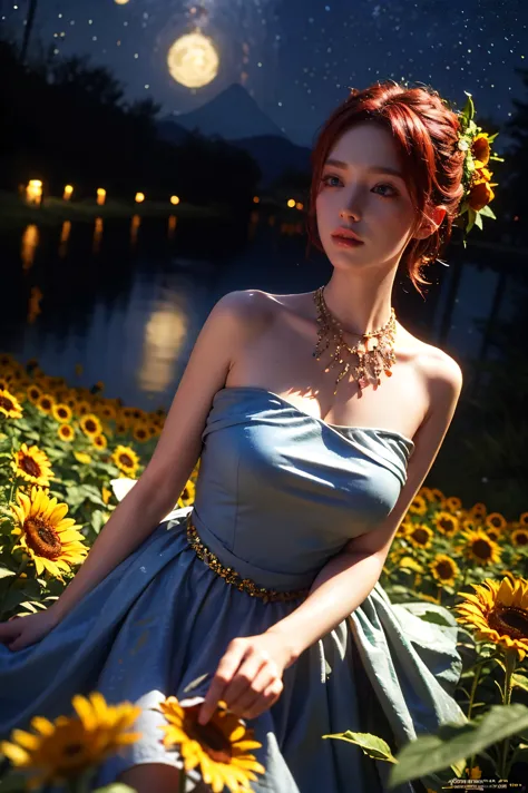 Beautiful woman, red hair, sunflower field, amber eyes, 8k, best quality, (van gogh, starry night background), detailed hair, de...
