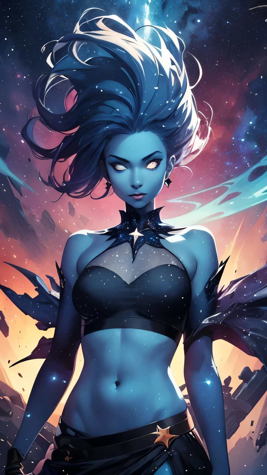 (Highly quality, masterpiece, detailed), Deep Space detailed scenario, Deep space detailed background, 20 years old girl, solo, singularity, dark blue skin, celestial skin, Colored Skin, glowing blue, glowing eyes, bare shoulders, long hair, Star on the girls body, black top, crop top, black skirt, glowing star on the navel, monster girl, Abdomen, Navel, beautiful eyes, perfect eyes, looking at the viewer, Sexy pose