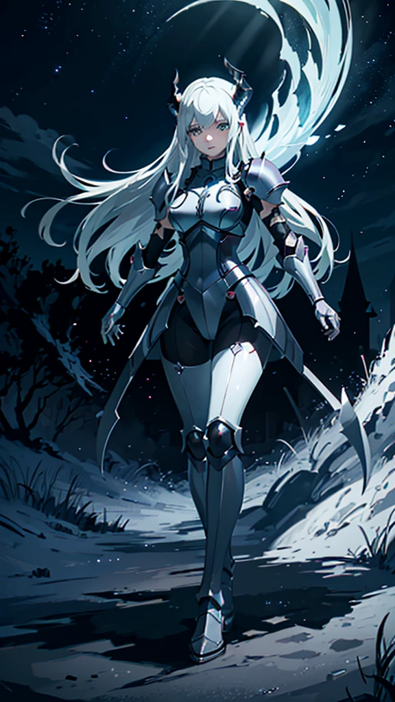 masterpience, best quality, high quality, 8k, anime girl, full body, imponent position, black dragon armor, very detailed armor, no helmet, silver long hair, green eyes, elf ears, flaming sword, castle background, glowing aura, night sky, stars, realistic ilumination, best quality ilumination.