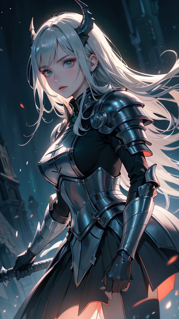 masterpience, best quality, high quality, 8k, anime demon girl, full body, imponent position,dragon armor, very detailed armor, no helmet, silver long hair, green eyes, flame sword, castle background, glowing aura, night sky, stars, realistic ilumination, best quality ilumination.