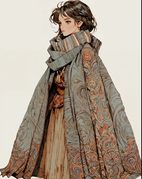 muted color, 1 short person, Final Fantasy mimic character class, wrapped in patchwork patterned scarves and quilts, cross wrapp...