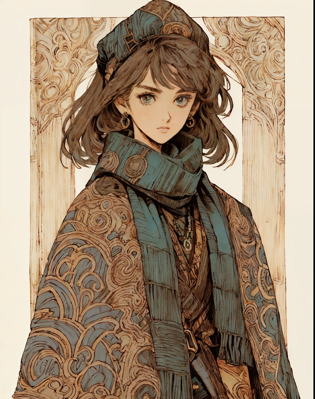 muted color, 1 short person, Final Fantasy mimic character class, wrapped in patchwork patterned scarves and quilts, cross wrapped scarves, many layers of scarves and quilts, large beads and tassels, body and face wrapped in various patterned quilts and scarves. only their eyes are visible, heavy eyeliner, androgynous face, only clothing is wrapped scarves and quilts, ((entire body image: 1.4)), ((dark mysterious elaborate steampunk background: 1.0)), game art book style, pen and ink outline, gauche and watercolor painting, pen and ink outlines and details, Akihiko Yoshida Style art, 8k image, gorgeous artwork, masterful painting, whimsical drawing, ((entire head and body is in view: 1.5)), shoes or boots, 