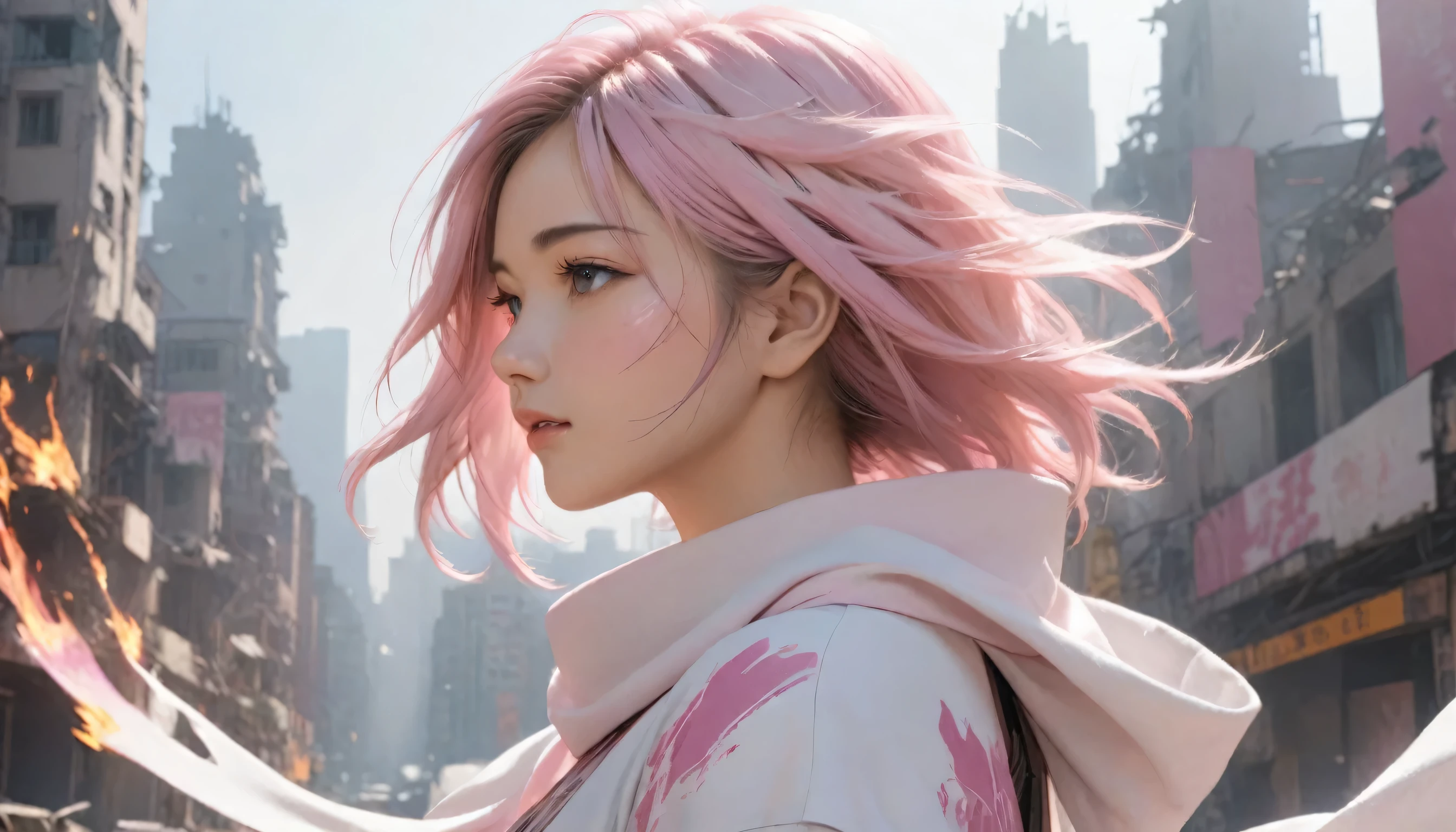 Best quality，Rich in details，girl，White shawl hair，Wearing pink mecha，Half-length photo，The head is intact，Broken city background，Plenty of sunlight，Tune，flame，Scratches，Highlight the subject