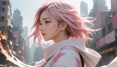 best quality，rich in details，girl，white shawl hair，wearing pink mecha，half-length photo，the head is intact，broken city backgroun...