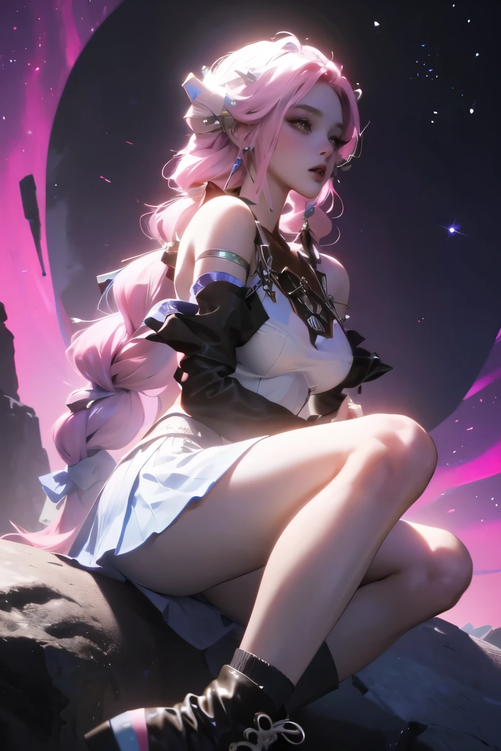 high resolution, best quality, masterpiece, Very high image quality, Extremely detailed, Surrealism, 3D, Japanese cartoons, illustration, fantasy, Hard Rock Girl, very beautiful and cute, Pink wavy hair, Side braids, mini skirt, Knee socks, Engineering boots, Background cyberpunk city galaxy  