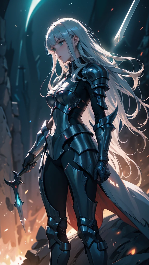 masterpience, best quality, high quality, 8k, anime demon girl, full body, imponent position,dragon armor, very detailed armor, no helmet, silver long hair, green eyes, flame sword, castle background, glowing aura, night sky, stars, realistic ilumination, best quality ilumination.
