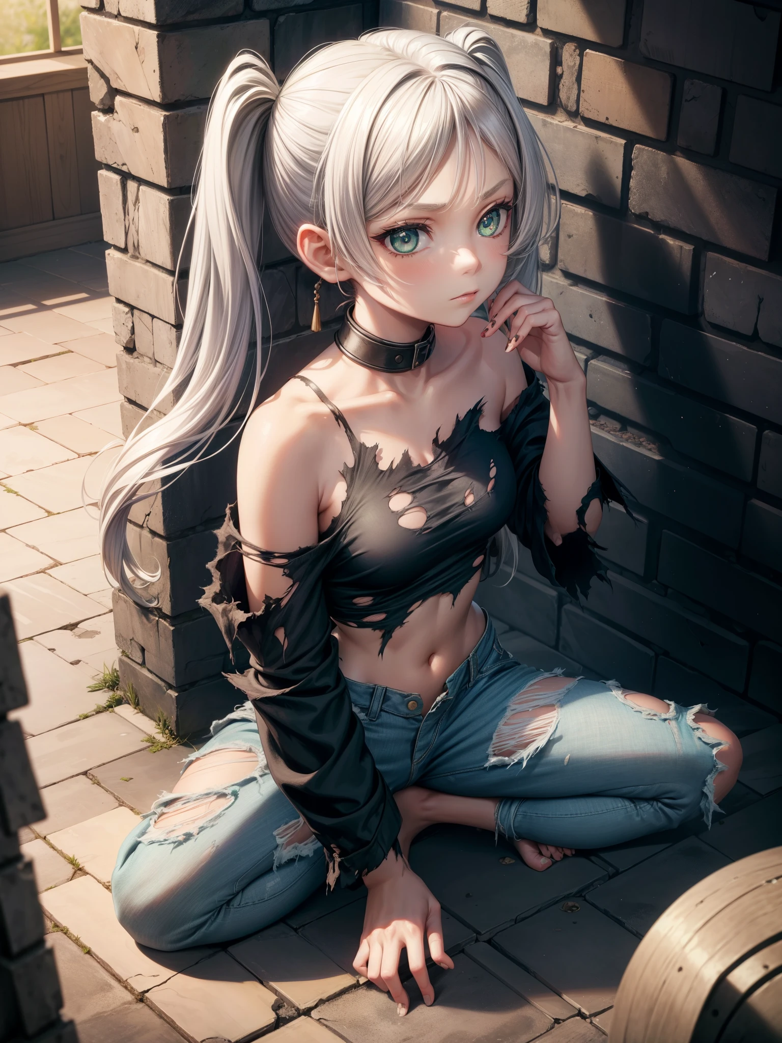 (masterpiece, best quality, detailed), 1girl, solo, looking at viewer, uni, white hair, drill hair, twin drills, twintails, bangs, hair between eyes, sidelocks, priclothes, striped clothes, crop top, indoors, dungeon, slave, prison, prison cell, stone wall, cracked wall, bars, wariza, hand between legs, from above, green eyes, symbol-shaped pupils, off shoulder, bare shoulders, barefoot, stone floor, dirty, (torn clothes:1.4), on floor, pants, (torn pants), angry, glaring, closed mouth