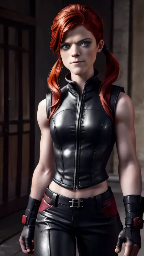 ((rose leslie)) as kira from mortal kombat, green eyes, red hair, twintail, black vest, cropped jacket, gloves, thigh cutout, pa...