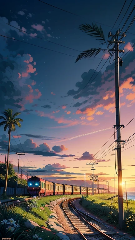 (masterpiece:1), (full anime view:1.5), (train trundles along the coastal tracks:1.6), (Lush palm trees sway in harmony:1.3), silence, (gentle lapping of waves:1.4), (white daisies growing around with long grass:1.2), magnificent sky, (Dim volumetric light:1.4), peaceful, (beautiful sky), (beautiful tones:1.5), (lofi ambience :1.4), (wires and poles: 1.4), (evening scene:1.3), (beautiful aesthetics:1.2), (scattered pink and blue sky:1.2), beautiful tones, subtle colors, peaceful, (illustration: 1.0), epic composition, realistic lighting, HD details, masterpiece, best quality, ,