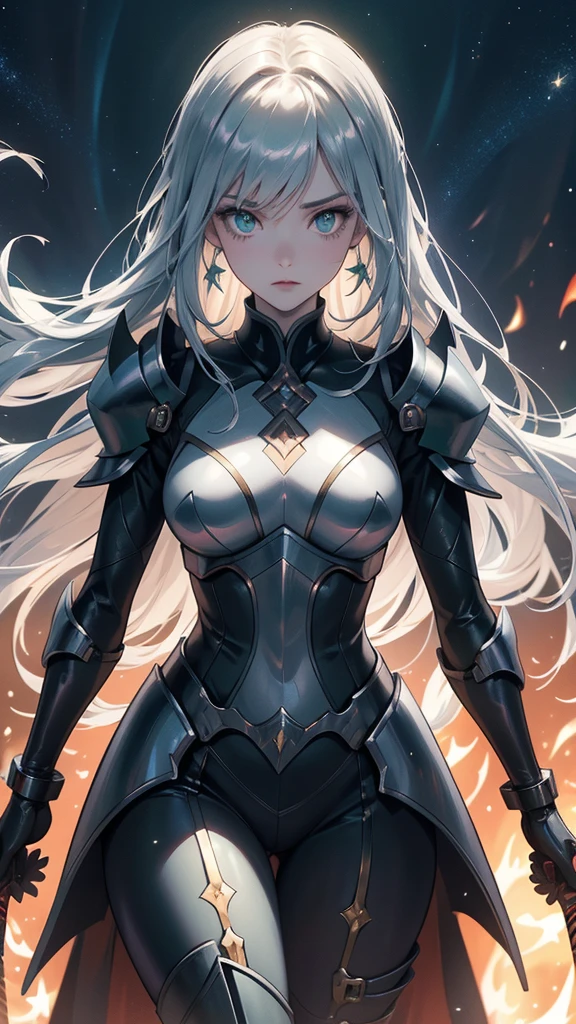 masterpience, best quality, high quality, 8k, anime demon girl, full body, imponent position, black dragon armor with gold details, no helmet, silver long hair, green eyes, perfect face, flame sword, castle background, glowing aura, night sky, stars, realistic ilumination, best quality ilumination.
