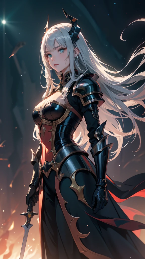 masterpience, best quality, high quality, 8k, anime demon girl, full body, imponent position, black dragon armor with gold details, no helmet, silver long hair, green eyes, perfect face, flame sword, castle background, glowing aura, night sky, stars, realistic ilumination, best quality ilumination.
