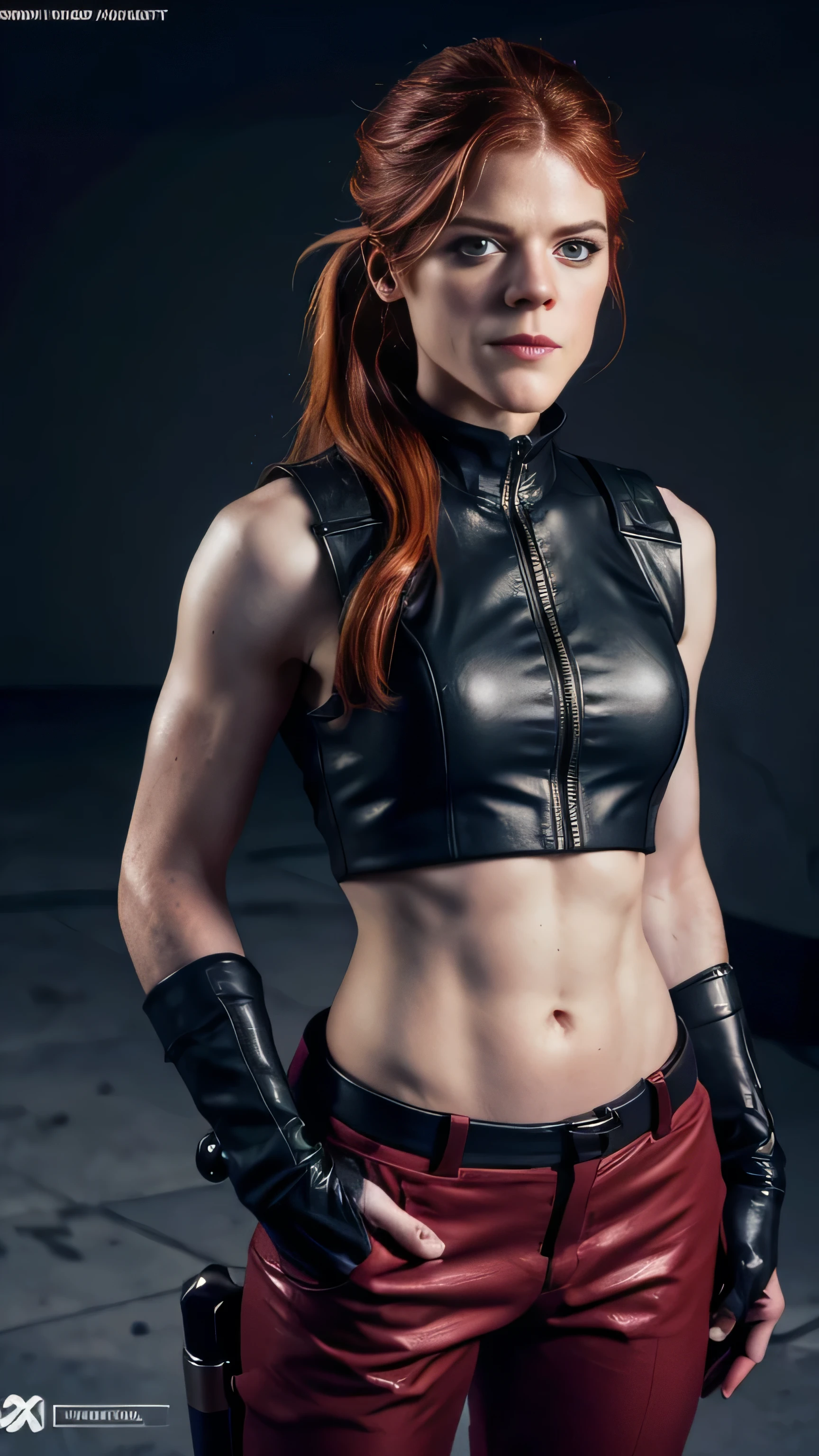 ((Rose Leslie)) as Kira from Mortal Kombat, green eyes, red hair, green eyes, twintail, black vest, cropped jacket, gloves, pants, looking at viewer, serious, smirk, (long shot), (full body render), (full body view), fine detail, hyper realistic, HD, 4K, definition, texture, perfect detail, perfect face, beautiful, hyperrealism, trending on artstation