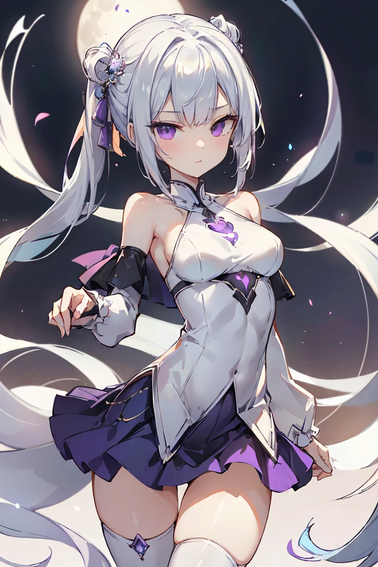 1girl, anime, cute girl, blank background, white background, fantasy, detailed fantasy dress with highlights, beautiful face, beautiful eyes, dark colors, black hair with multicolor streaks, red eye with different color pupil in eye, multicolor eye, medium breasts, slight cleavage, beautiful skin, cute, breast curtains, extremely delicate and beautiful, (beautiful detailed face:1.0), (detailed deep eyes), symmetrical breasts, deep eyes, shiny skin, portrait, slender waist, hips wider than shoulders, thighs, expressionless, young girl, luminous eyes, adorable，（Kpop idol）,（aegyo sal：1），（Platinum blonde hair：1），（（puffy eye）），Black panty，sexy posture，Superskirt, Ultra-high resolution，Black collar，slim figure, Abdominal y tattoo, womb tattoo，Tight-fitting leg ring，y tattoo on half-body，Bare skin, Armored hand，Hidden fingertips，Hand covered，Arm covered，Fist covered,{{beautiful detailed fingers}}, tufts of hair, moderate beautiful breast:1.0,(masterpiece:1.2), best quality, high-res, HDR, perfect face, intricate armor, delicate blue filigree, intricate filigree, red metalic parts, detailed part, dynamic pose, dynamic lights, cute face, neutral expression, shuimobysim, lotus, hanfu, maxi skirt, dress conservatively 1girl, solo, long blue hair, standing, One lady,14years,((White hair) ,((Normal breasts)), (Shiny purple bodysuit with microskirt),((Fantasy, Moon Night))