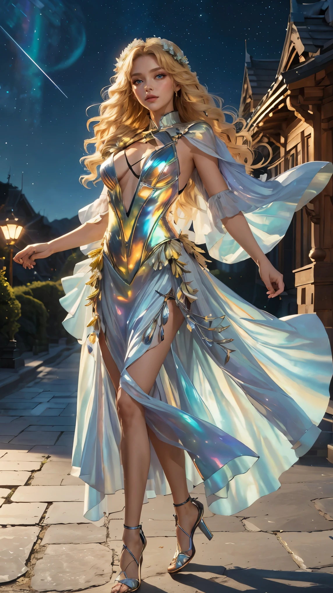 Best quality, masterpiece, ultra high res, raw photo, beautiful and aesthetic,deep shadow, night theme,(ultra detailed:1.3),
1girl, standing pose, flower headdress, full of curtain, drill hair, long hair, blonde hair, gradient hair, yellow eyes, solo, huge breasts, big hair, blue hair, divine goddess, looking at viewer, (starry night), , waterfall, reflections, solitude, outdoors, nature, garden, wilderness, bushes, plants, comet, astraea, full body, (iridescent, glowing, glittering), glossy, shiny, hat flower, iridescent dress, violet theme, corset, wrenchrococodome 