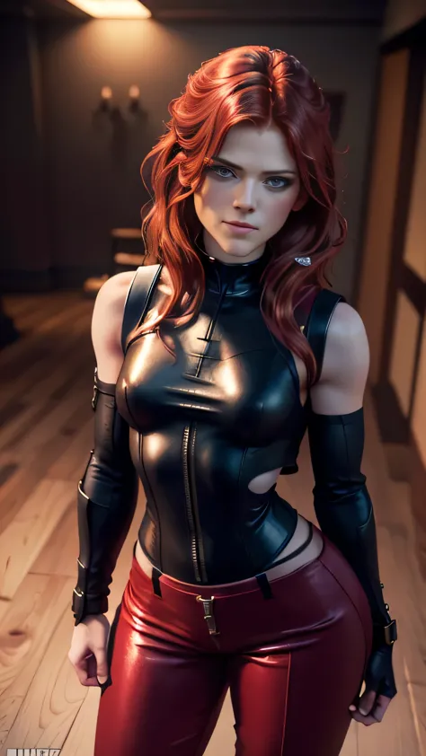 ((rose leslie)) as kira from mortal kombat, green eyes, red hair, twintail, black vest, cropped crimson jacket, gloves, thigh cu...