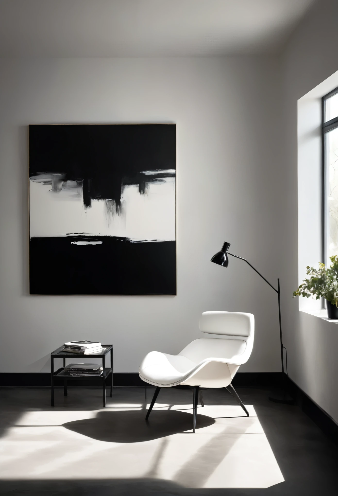 In an open room, there is an open window through which sunlight shines in, casting black shadows on the ground. There is a pure white chair in one corner of the room, which contrasts sharply with the dark tones around it. On the other side of the room, there is a black abstract painting hanging, creating a strong visual contrast with the white chair. The interplay of light and shadow fills the entire scene with a simple and elegant atmosphere. The black and white contrast makes every detail stand out, with rooms, windows, sunlight, white chairs, black abstract paintings, intertwined light and shadow, strong contrast, simplicity, and elegance,(masterpiece, best quality:1.2), extremly detailed