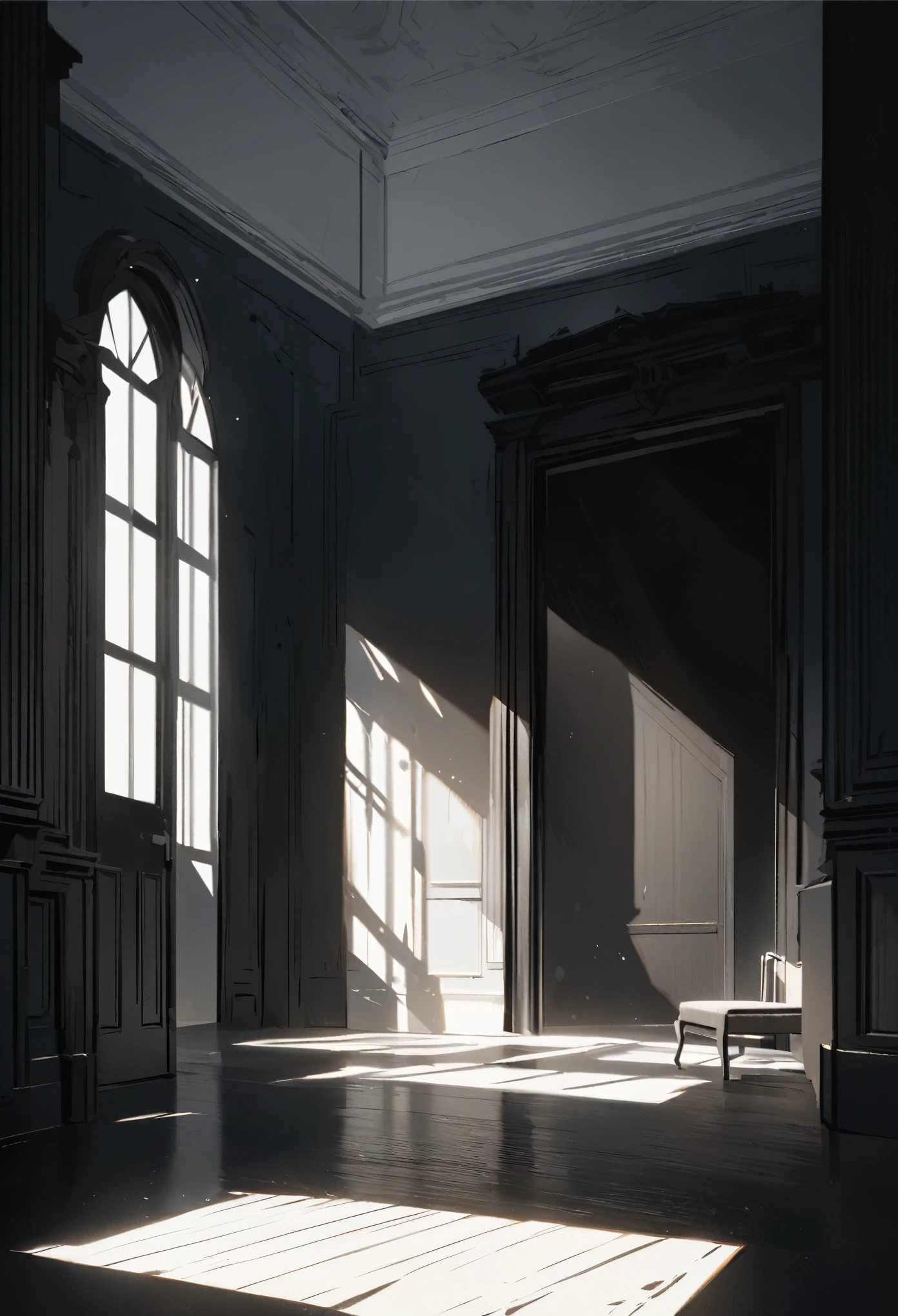 In an open room, there is an open window through which sunlight shines in, casting black shadows on the ground. There is a pure white chair in one corner of the room, which contrasts sharply with the dark tones around it. On the other side of the room, there is a black abstract painting hanging, creating a strong visual contrast with the white chair. The interplay of light and shadow fills the entire scene with a simple and elegant atmosphere. The black and white contrast makes every detail stand out, with rooms, windows, sunlight, white chairs, black abstract paintings, intertwined light and shadow, strong contrast, simplicity, and elegance,(masterpiece, best quality:1.2), extremly detailed