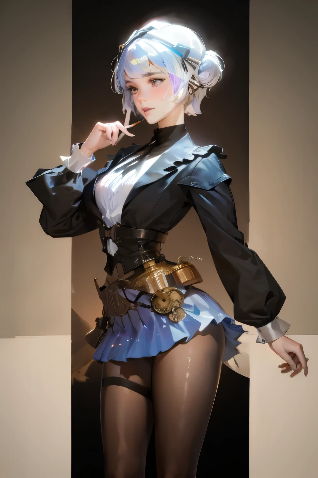 (((Steampunk))),Ultra-realistic 8k CG, picture-Perfect face, Flawless, Clean, masterpiece, Professional artwork, Famous Artworks, Perfect face, Pretty Face, beautiful Eye, , Solitary,, ,skirt,,blush,Expression,Very detailed_Eye,Thick thighs,((white hair)), short hair,, Beautifully detailed backgrounds,Depth of Field,,BDSM,Skin dentition,whole body,shirt,, Pantyhose,