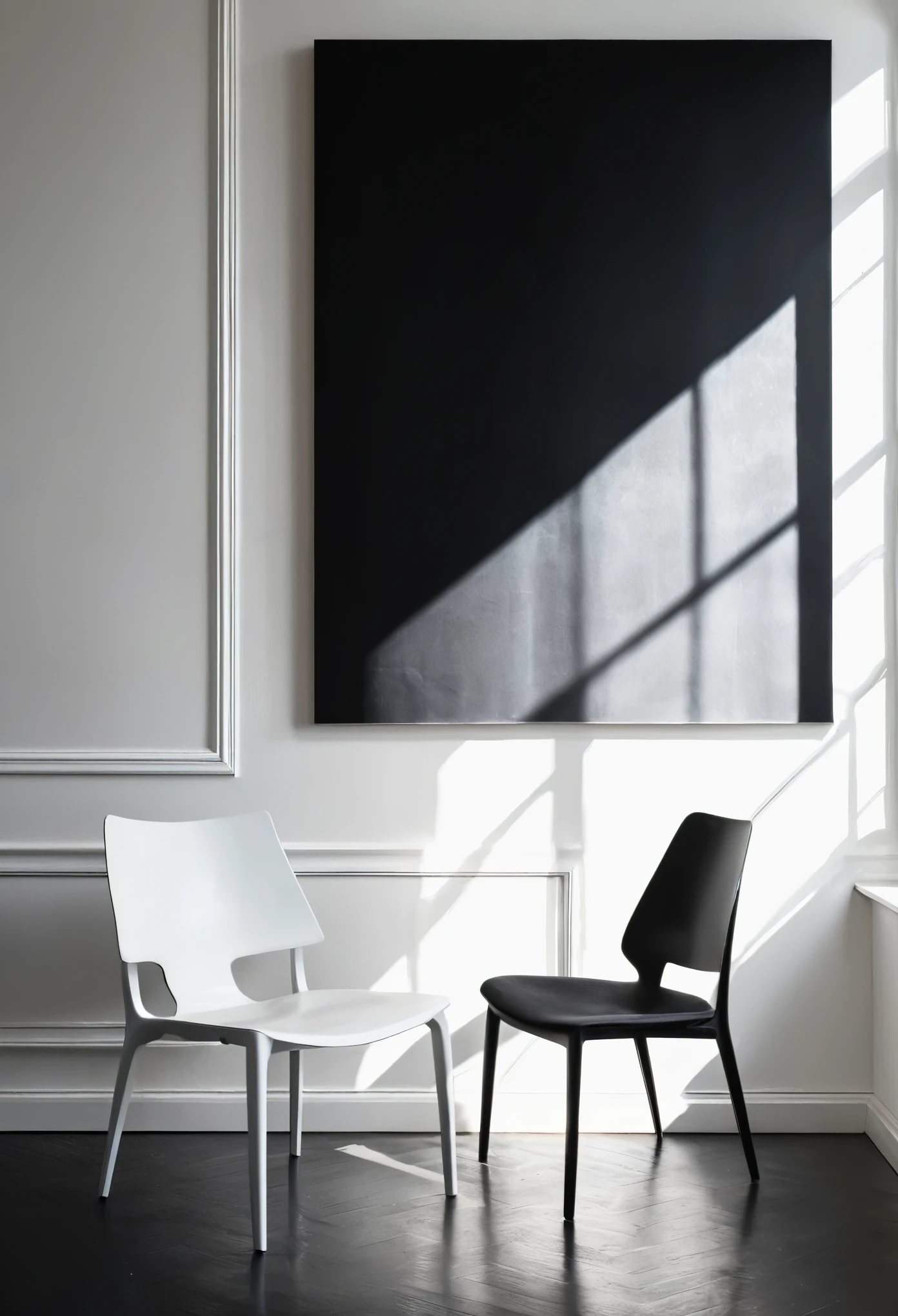 In an open room, there is an open window through which sunlight shines in, casting black shadows on the ground. There is a pure white chair in one corner of the room, which contrasts sharply with the dark tones around it. On the other side of the room, there is a black abstract painting hanging, creating a strong visual contrast with the white chair. The interplay of light and shadow fills the entire scene with a simple and elegant atmosphere. The black and white contrast makes every detail stand out, with rooms, windows, sunlight, white chairs, black abstract paintings, intertwined light and shadow, strong contrast, simplicity, and elegance,(masterpiece, best quality:1.2), extremly detailed