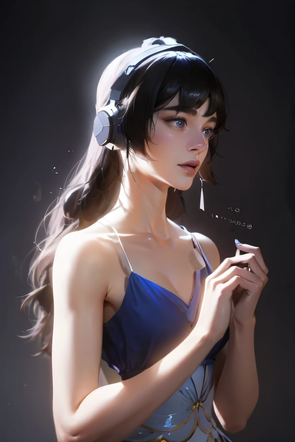 1 girl, masterpiece, best quality, 8K, Delicate skin texture, Fine fabric texture, Beautiful and delicate face, Intricate details, Super detailed,Upper Body，Wearing black headphones，Black Hair，blue eyes，Wear a clavicle chain
