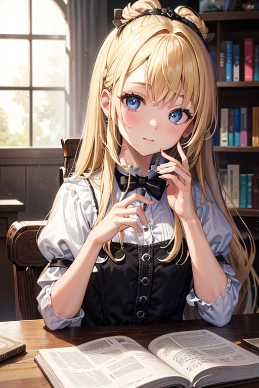 (8k, highest quality, Tabletop:1.2)、Ultra-high resolution、One , Detailed face、black eye, Blonde, Long Hair, Alice in Wonderland, lib_bg