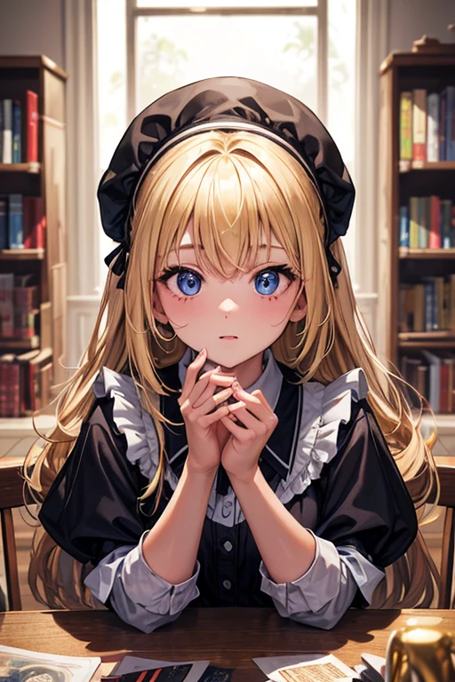 (8k, highest quality, Tabletop:1.2)、Ultra-high resolution、One , Detailed face、black eye, Blonde, Long Hair, Alice in Wonderland, lib_bg