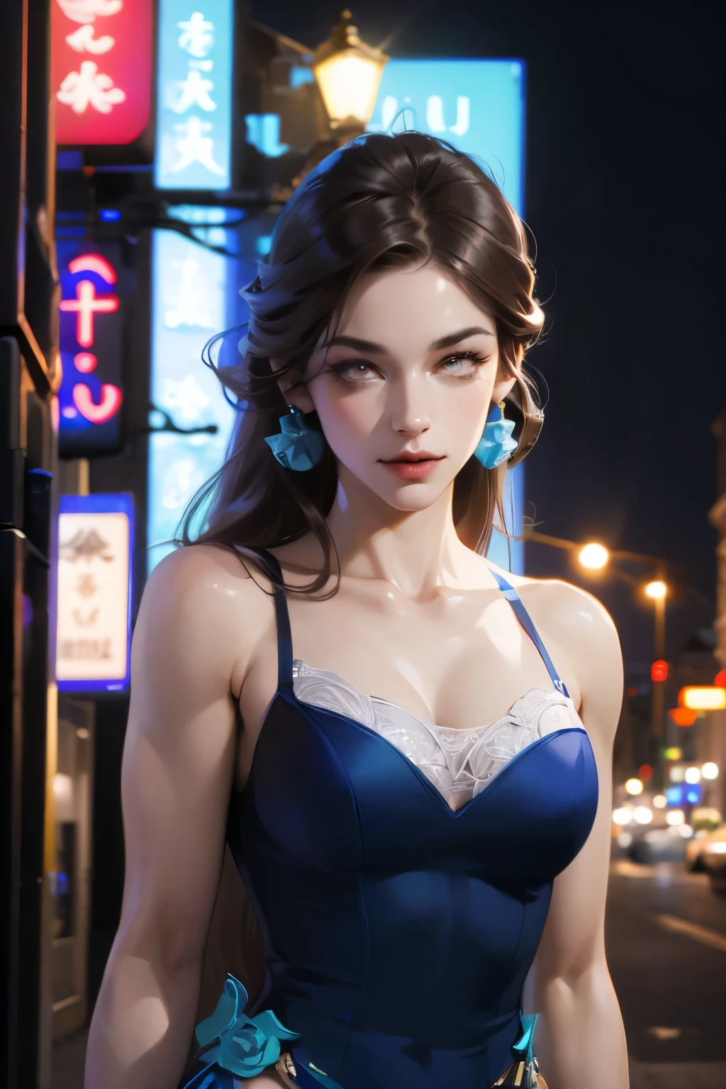 (best quality, 8K, masterpiece: 1.3), Be focused: 1.2, beauty: 1.4, Abdominal muscles: 1.1, brown hair, Aqua blue dress: 1.4, Outdoors at night: 1.1, City Streets, Pretty face and eyes, Double eyelids. Add realistic lighting, Pay attention to adjusting the proportions.