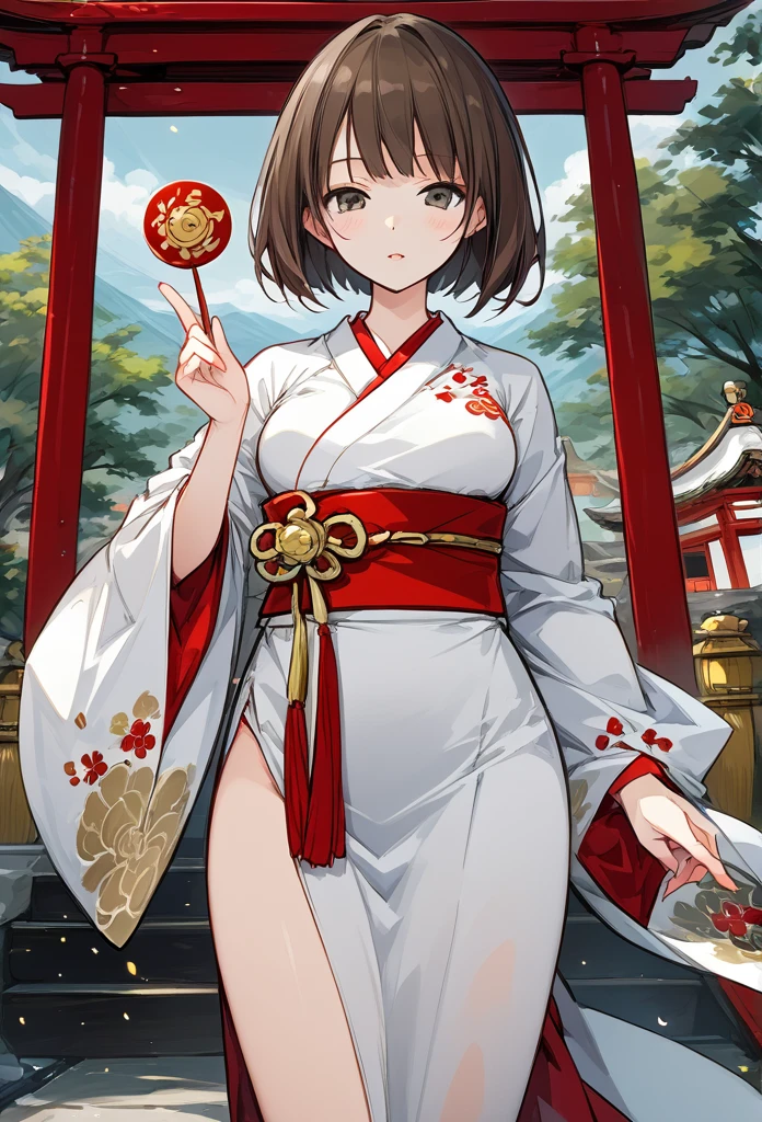 Shrine maiden clothes, shrine background, slim body, medium breasts, elegant pose, bob cut hairstyle, brunette hair, front view