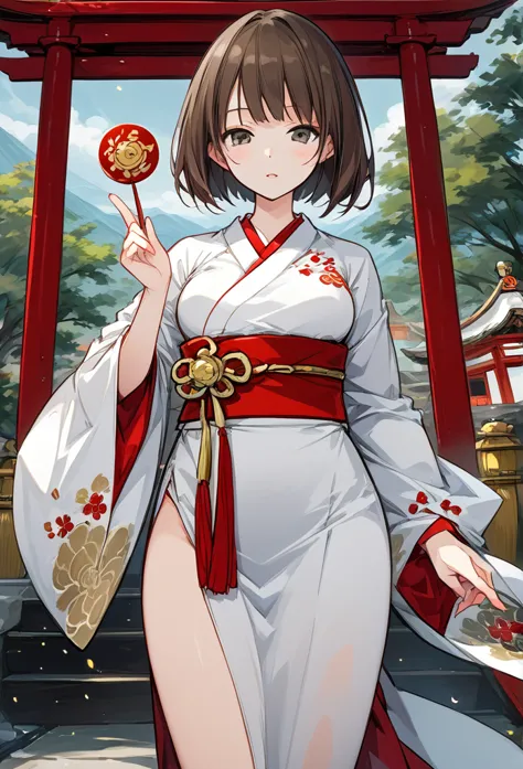 shrine maiden clothes, shrine background, slim body, medium breasts, elegant pose, bob cut hairstyle, brunette hair, front view