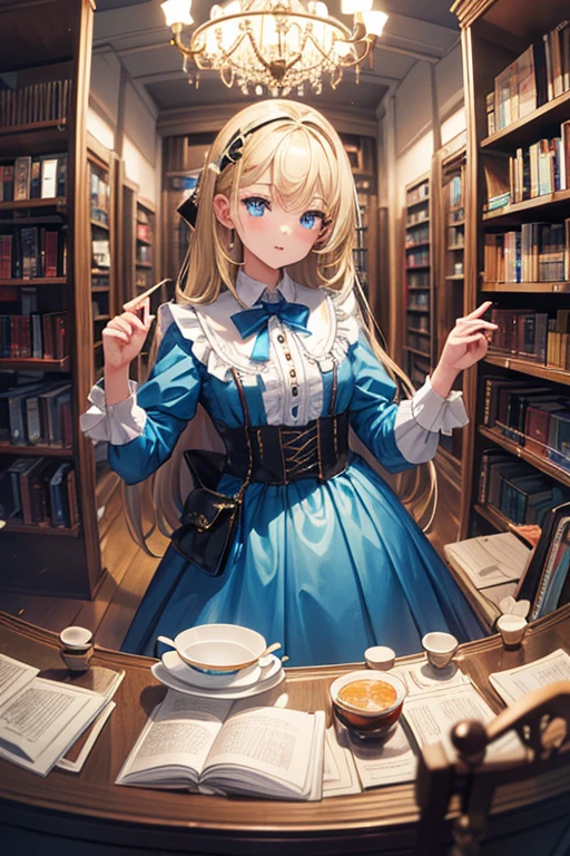 (8k, highest quality, Tabletop:1.2)、Ultra-high resolution、12 year old girl, Detailed face、blue eyes, blonde, Long Hair, Alice in Wonderland, Library_background、Big Clock、Large mirror