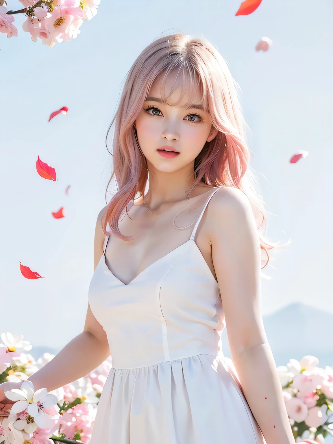 Light pink hair, Pink Eyes, Pink and white, Cherry leaves, Bright colors, White Dress, Paint splashes, Simple Background, Ray Tracing, Wavy Hair