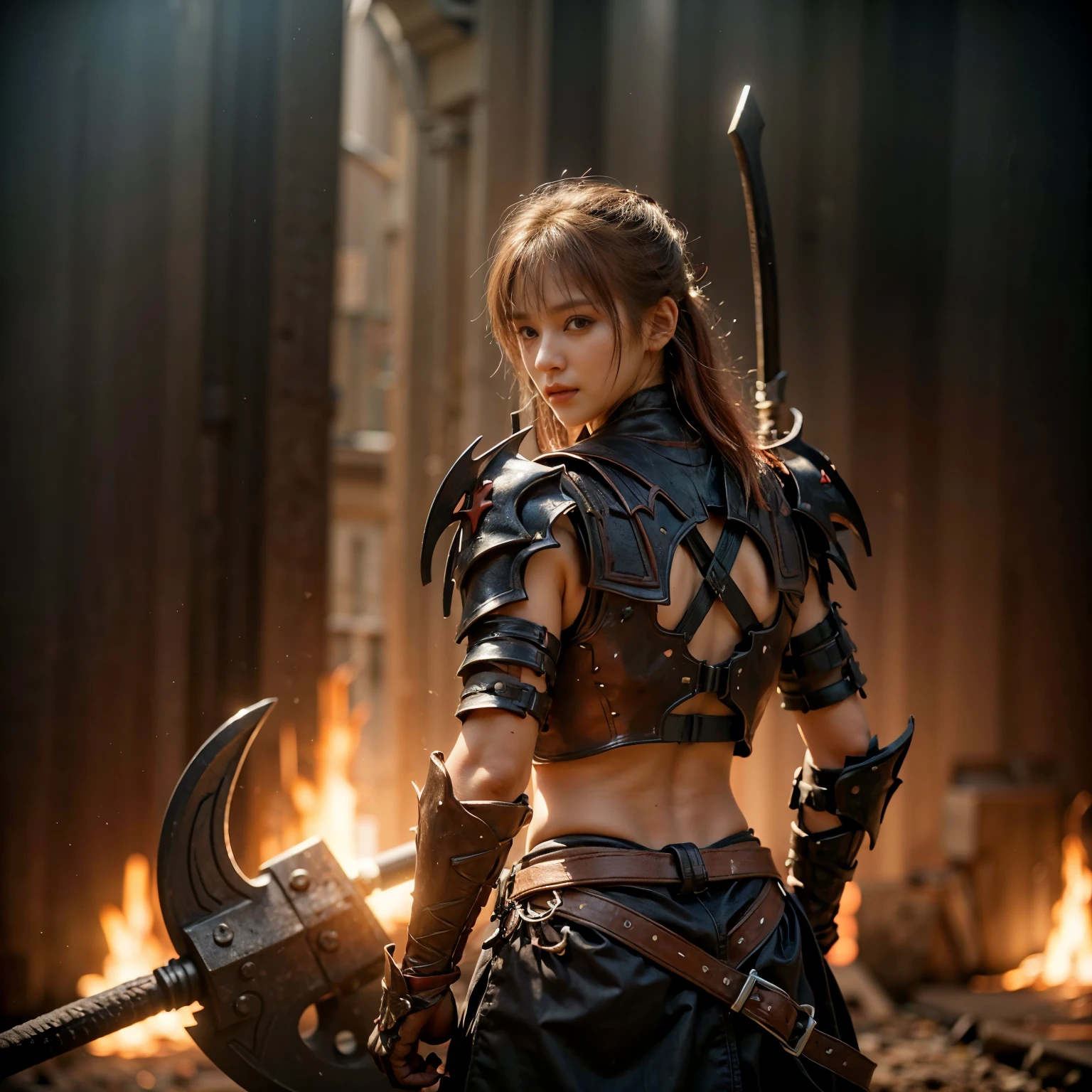 8k, best quality, highres, realistic, real person, A solitary warrior in a suspicious arena setting, without the demon lord. The warrior, lightly armored and with a sly smile, wields a large, ornately decorated axe. They have short red hair. The background is a mysterious and ominous arena, with a sense of danger and suspense. The lighting is dim and dramatic, enhancing the warrior's intense and cunning appearance.